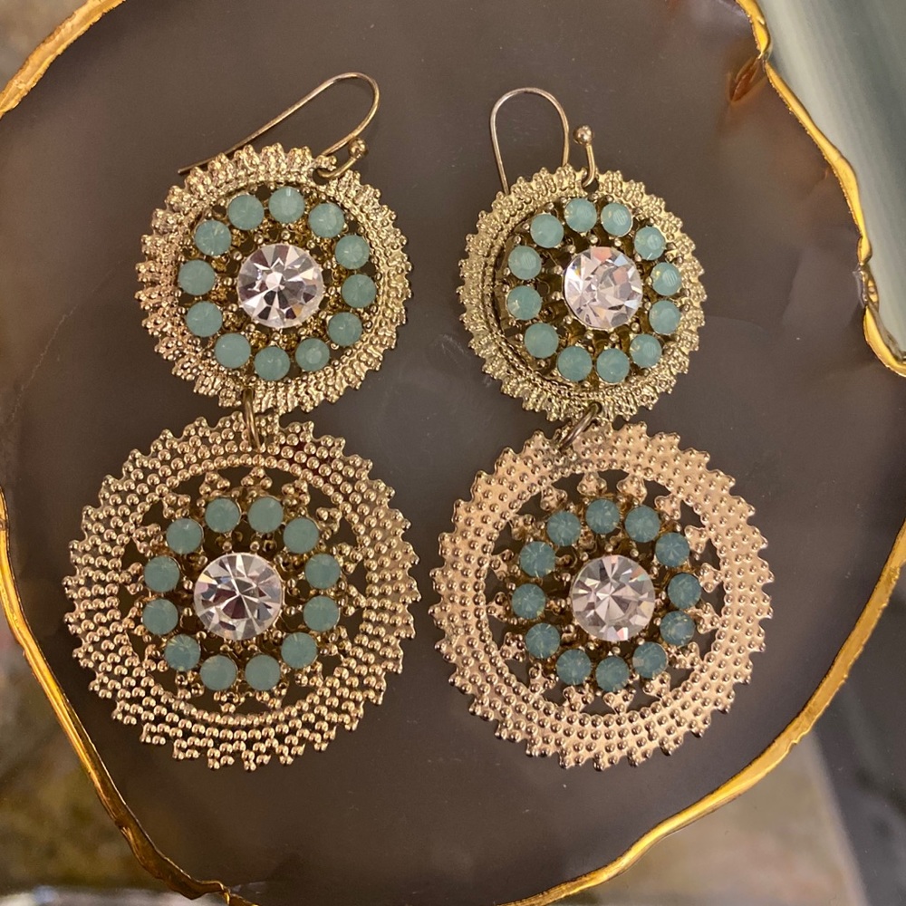 Gold Dangle Earrings With Rhinestone Center